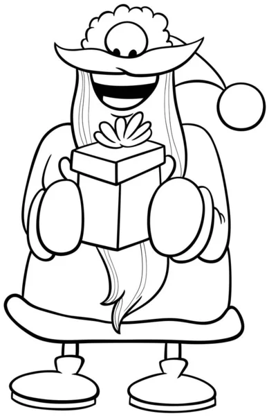 Black White Cartoon Illustration Happy Santa Claus Character Holding Christmas — Stock Vector