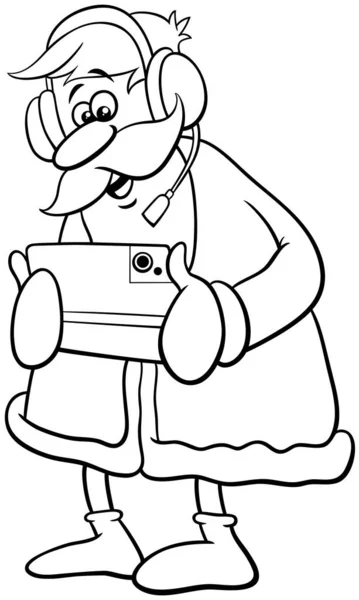 Schwarz Weiße Cartoon Illustration Der Glücklichen Weihnachtsmann Figur Mit Tablet — Stockvektor
