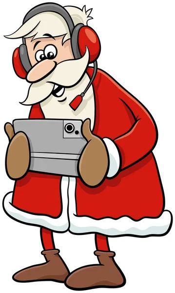 Cartoon Illustration Happy Santa Claus Character Tablet Headset Christmas Time — Stock Vector