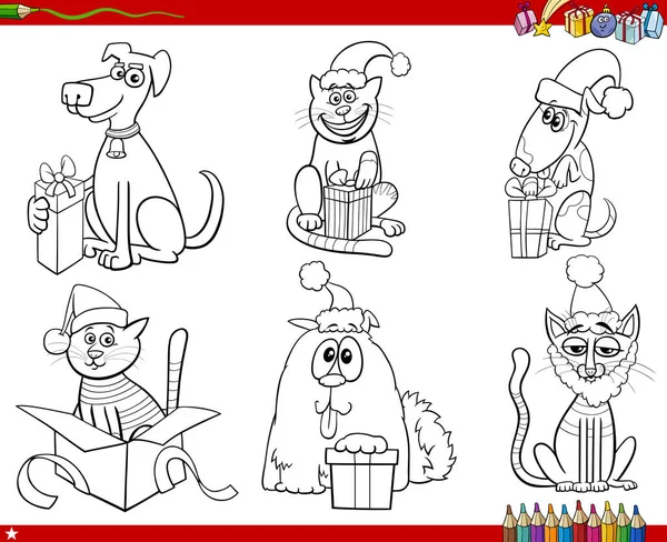 Desenhos Animados Preto Branco Ilustração Cães Gatos Personagens Animais Com — Vetor de Stock