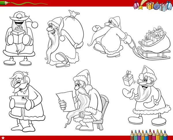 圣诞老人向孩子们赠送圣诞礼物的卡通人物的黑白插图 — 图库矢量图片