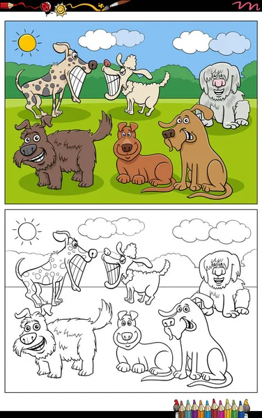 Dibujos Animados Ilustración Perros Divertidos Personajes Cómicos Grupo Para Colorear — Vector de stock