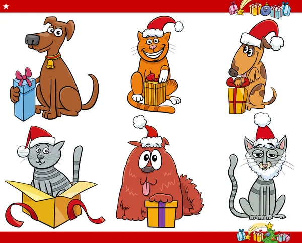 Çizgi Filmlerdeki Kedi Köpeklerin Noel Hediyeli Hayvan Karakterleri — Stok Vektör