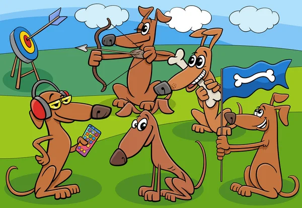 Komik Köpeklerin Çizgi Film Çizimi Açık Hava Hayvan Karakterleri Grubu — Stok Vektör