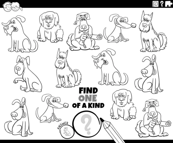 黒と白の漫画のイラストは面白い犬の動物の文字の着色ページと一種の画像教育ゲームの1つを見つける — ストックベクタ