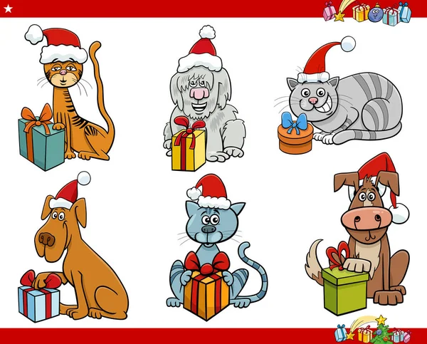 附有圣诞礼物的猫狗动物形象卡通画 — 图库矢量图片