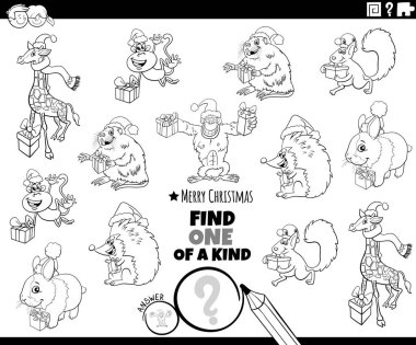 Siyah-beyaz karikatür çizimi, Noel zamanı renklendirme sayfasında hayvan karakterlerinin yer aldığı nazik bir resim eğitim görevi buluyor.