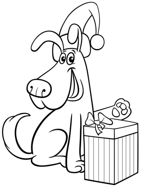Černobílé Kreslené Ilustrace Legrační Pes Zvíře Charakter Dárkem Vánoční Čas — Stockový vektor