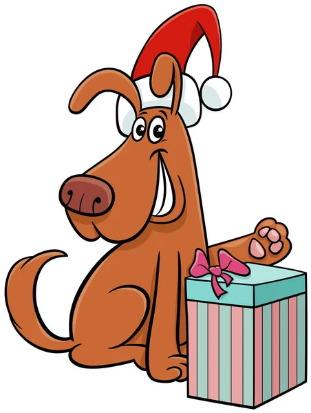 Illustration Bande Dessinée Personnage Animal Drôle Chien Avec Cadeau Sur — Image vectorielle