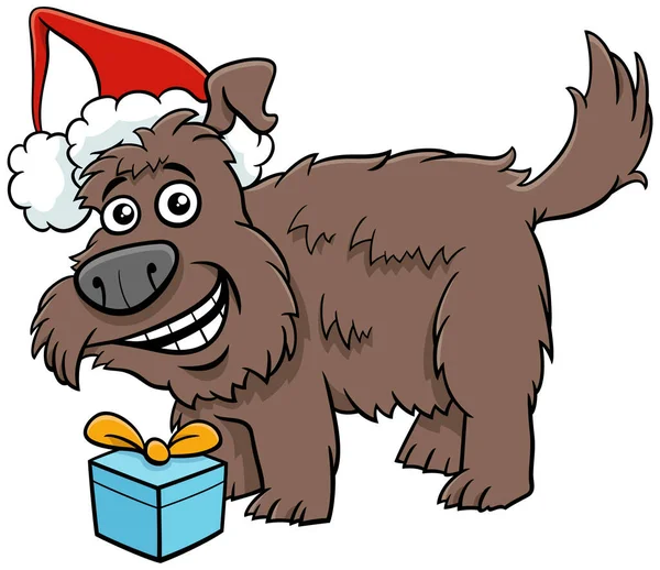 Tecknad Illustration Blyg Hund Karaktär Med Gåva Juletid — Stock vektor