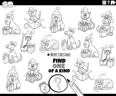 Siyah-beyaz karikatür çizimi, evcil hayvan karakterlerinin Noel zamanı renklendirme sayfasında yer aldığı eğitici bir resim bul