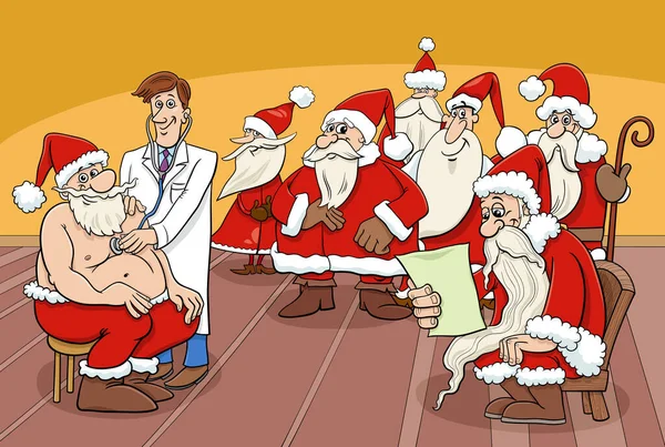 Cartoon Illustration Von Weihnachtsmann Comicfiguren Zur Weihnachtszeit Beim Arzt — Stockvektor