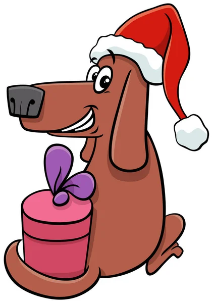 Illustrazione Del Fumetto Divertente Cane Cucciolo Personaggio Animale Con Regalo — Vettoriale Stock