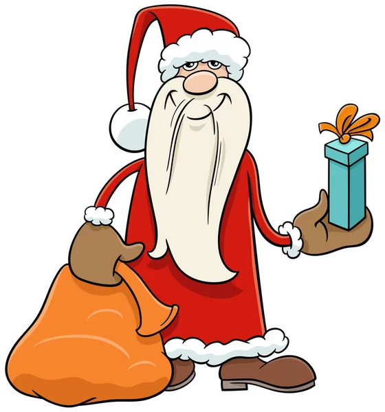袋とクリスマスの贈り物と幸せなサンタクロースのキャラクターの漫画イラスト — ストックベクタ