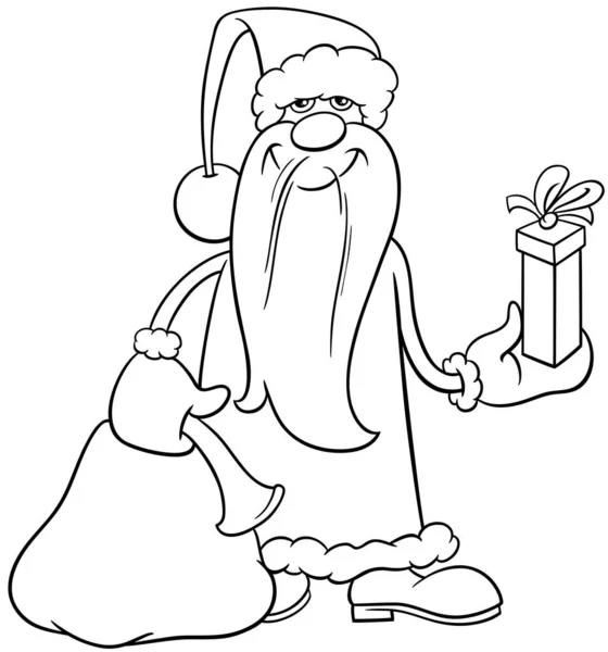 袋とクリスマスのギフトの着色ページと幸せなサンタクロースのキャラクターの黒と白の漫画のイラスト — ストックベクタ