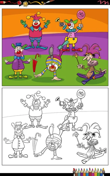 Dibujos Animados Ilustración Payasos Divertidos Personajes Comediantes Página Para Colorear — Vector de stock