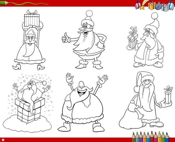 Schwarz Weiße Illustration Der Cartoon Illustration Von Weihnachtsmännern Mit Weihnachtsgeschenken — Stockvektor
