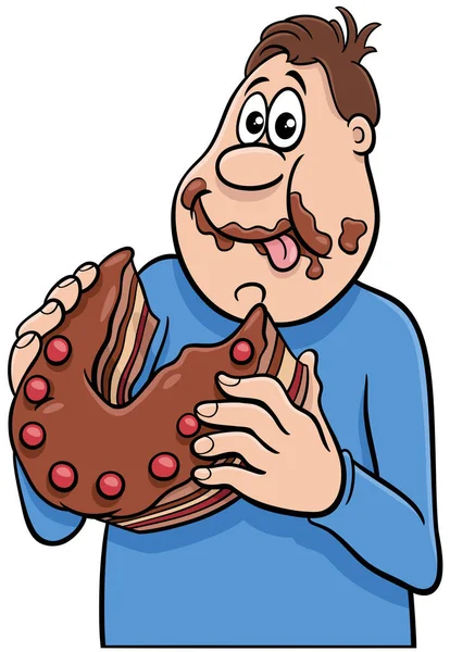 Cartoon Illustration Man Gorging Delicious Cake — Stock Vector