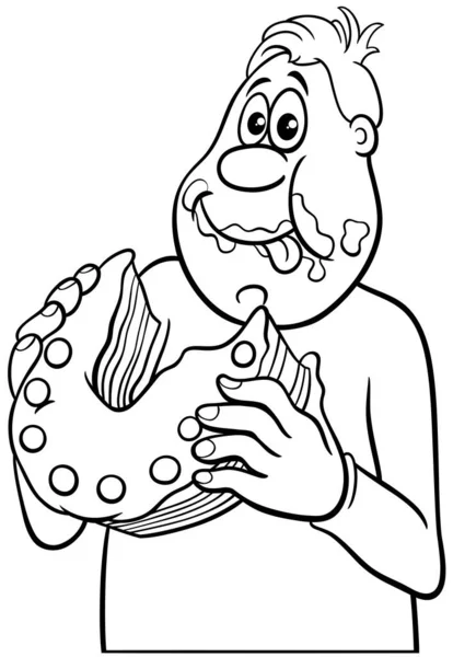 Black White Cartoon Illustration Man Gorging Delicious Cake Coloring Page — Stock Vector