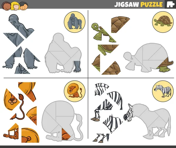 面白い動物の文字で設定された教育ジグソーパズルゲームの漫画のイラスト — ストックベクタ