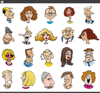 Cartoon illustration of funny people characters faces expressions set