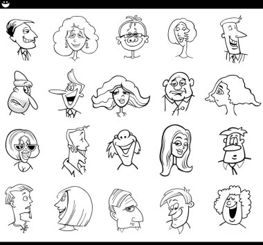 Black and white cartoon illustration of funny people characters faces expressions set