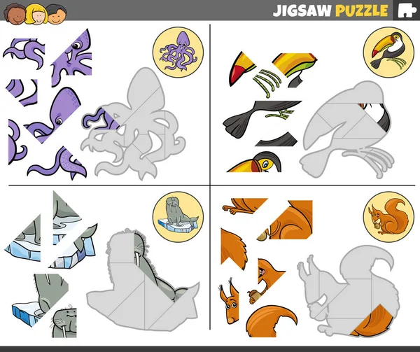 Cartoon Illustration Educational Jigsaw Puzzle Tasks Set Funny Animal Characters — Stockvector