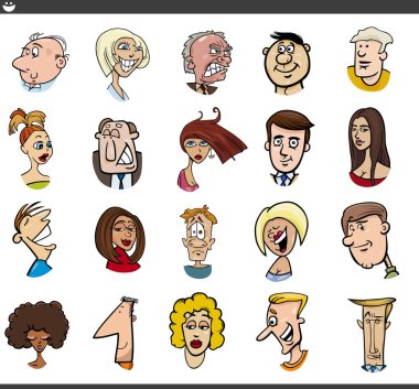 Cartoon illustration of funny people characters faces moods set