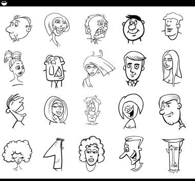 Black and white cartoon illustration of funny people characters faces moods set