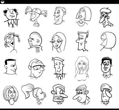 Black and white cartoon illustration of funny people characters faces and moods set