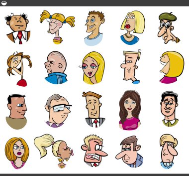 Cartoon illustration of funny people characters faces and moods set