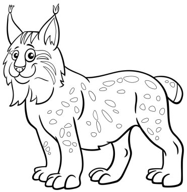 Black and white cartoon illustration of funny lynx comic wild animal character coloring page