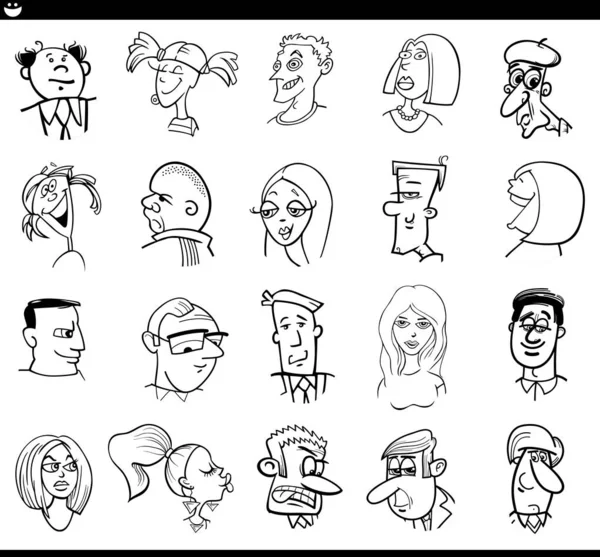 Black and white cartoon illustration of funny people characters faces and moods set