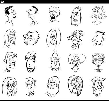 Black and white cartoon illustration of funny different people characters faces and emotions set