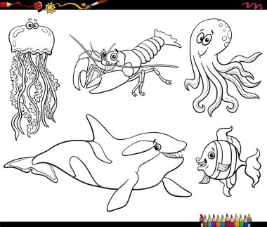 Black and white cartoon Illustration of sea life or marine animal characters set coloring page