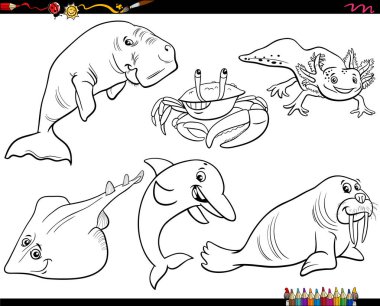 Black and white cartoon Illustration of marine animal characters set coloring page