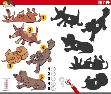 Cartoon illustration of finding the right shadows to the pictures educational game with funny dogs animal characters