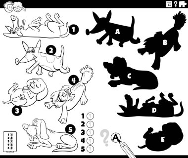 Komik köpekleri olan, hayvan karakterleri boyama sayfası olan çocuklar için eğitici bir oyun olan resimlerin doğru gölgelerini bulmanın siyah ve beyaz çizimi
