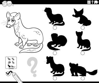 Black and white cartoon illustration of finding the right picture to the shadow educational game with weasel animal character coloring page