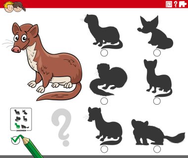 Cartoon illustration of finding the right picture to the shadow educational game with weasel animal character