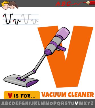 Educational cartoon illustration of letter V from alphabet with vacuum cleaner