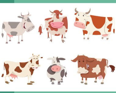 Cartoon illustration of funny cows farm animals characters set
