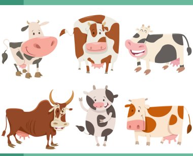Cartoon illustration of happy cows farm animals comic characters set