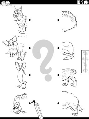 Black and white cartoon illustration of educational task of matching halves of pictures with wild animals characters coloring book page