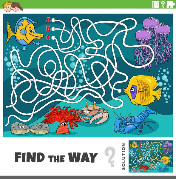Cartoon Illustration Find Way Maze Puzzle Game Fish Marine Animals — Stock vektor