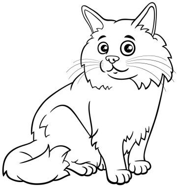 Black and white cartoon illustration of fluffy cat comic animal character coloring page