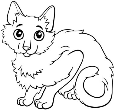 Black and white cartoon illustration of cute fluffy cat comic animal character coloring page