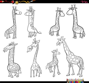 Black and white cartoon humorous illustration of funny giraffes characters set coloring page