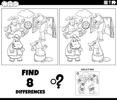 Black and white cartoon illustration of finding the differences between pictures educational task with comic animal characters playing soccer coloring page