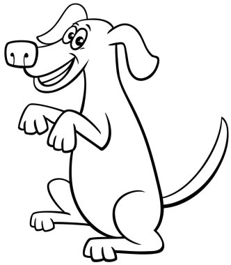 Black and white cartoon illustration of playful dog animal character doing a trick coloring page